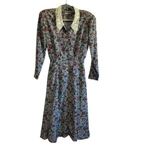 Liz‎ Claiborne Dress Size 4 Floral Lace Collar Midi Vintage Prop Cottagecore